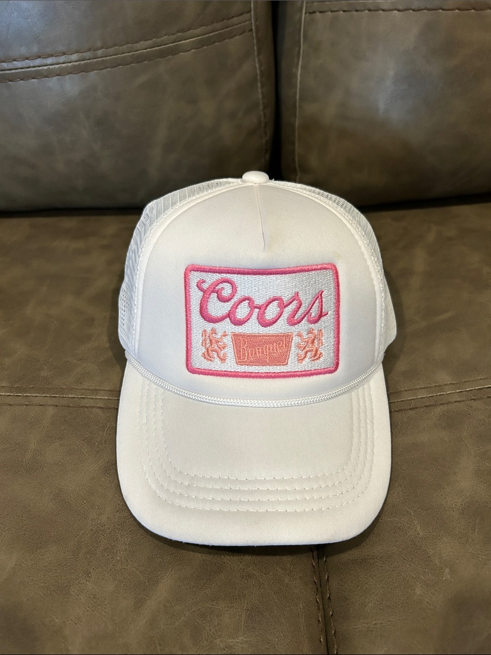 SHEIN White Trucker Hat with Pink Coors Patch